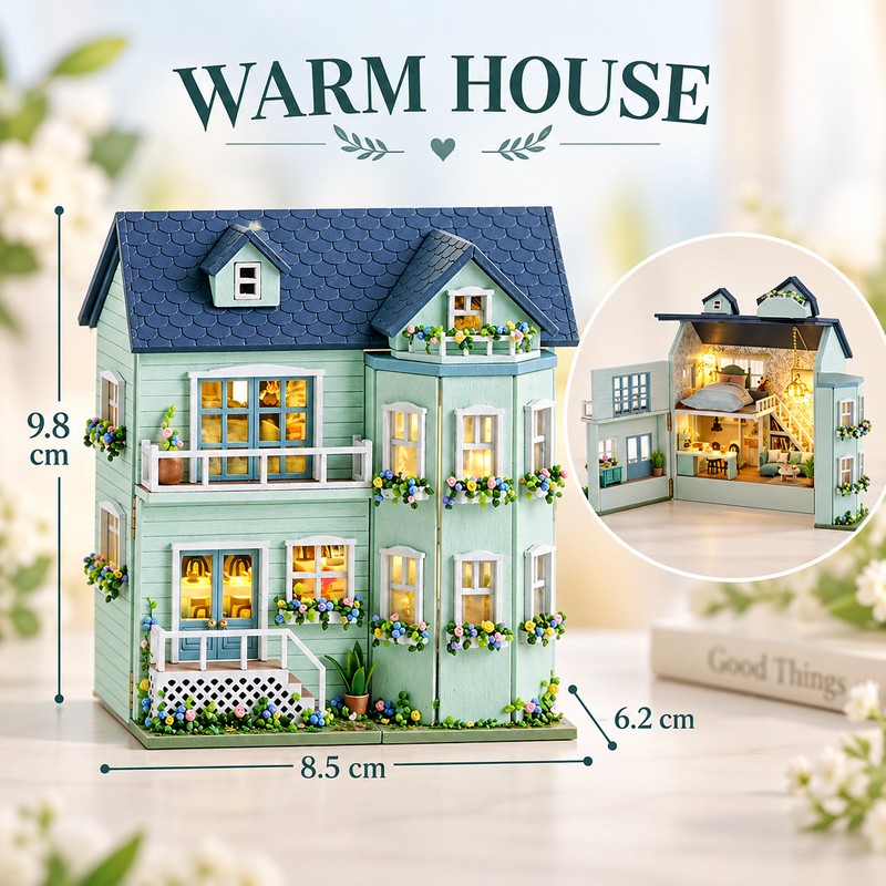 DIY Miniature House Kit with Furniture and LED Light, Wooden