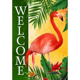 America Forever Pink Flamingo Welcome Garden Flag - Tropical Palm Trees Summer Floral Flag - Seasonal Yard Outdoor Decorative Double Sided Flag - 12.5 x 18 Inches