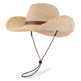 EINSKEY Adjustable Straw Cowboy Hat for Men Women, Western Cowgirl Hat Shapeable Wide Brim Sun Hat with Detachable Chin Strap