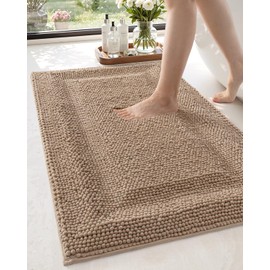 DEXI Bath Mats for Bathroom 24x43, Non Slip Washable Bathroom Rug, Thick Soft Chenille Absorbent Bathmat for Shower Floor, Plush Fluffy Shaggy Carpet for Tub, Beige