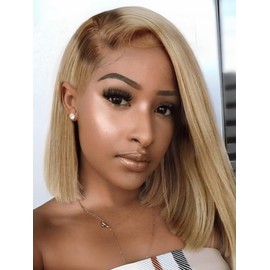UNICE Ombre Blonde Bye Bye Knots Glueless 7x5 HD Lace Front Wigs Human Hair Pre Plucked Pre Cut Bleached Knots Brown Roots Side Part Blunt Bob Wig Human Hair 150% Density 12 inch