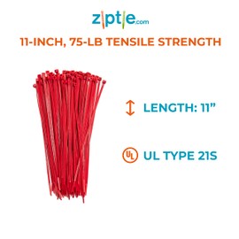 ZipTie.com 11-inch Red Multi-Purpose Cable Tie, 75-lb Tensile Strength, UL Listed, 100-Pack