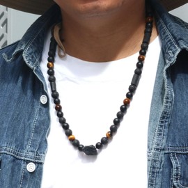 GENASTO Triple Protection Men's Beaded Necklace Black Tourmaline Crystals Pendant Necklace with Tiger Eye Onyx Lava Beads, Natural Stone Bead Essential Oil Diffuser Jewelry Gift for Men