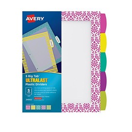 Avery Ultralast Big Tab Plastic Dividers, 5 Tabs, 1 Set, Assorted Designs (24902)