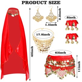 8-Sets Women's Belly Dance Accessories, Belly Dance Hip Scarf Wrap Belt Bohemian Gold Coin Drop Necklace Earrings Headpiece Dance Bracelet Belly Dance Face Veil for Women Belly Dance Costume (Red)