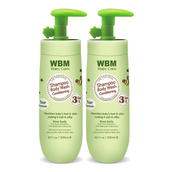 WBM Care 3 in 1 Baby Shampoo, Body Wash & Conditioner 10 oz, Pack of 2 | Nourishes Baby Hair & Skin