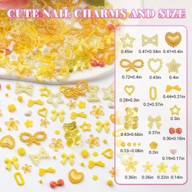 3D Assorted Chunky Nail Charms and Gems Kit, Pearls Bows Heart Star Cute 3D Flowers Rose Bear Macaron Round Beads Embellishments for Nail Art, Craft with Tweezer and Pickup Brush (Yellow)