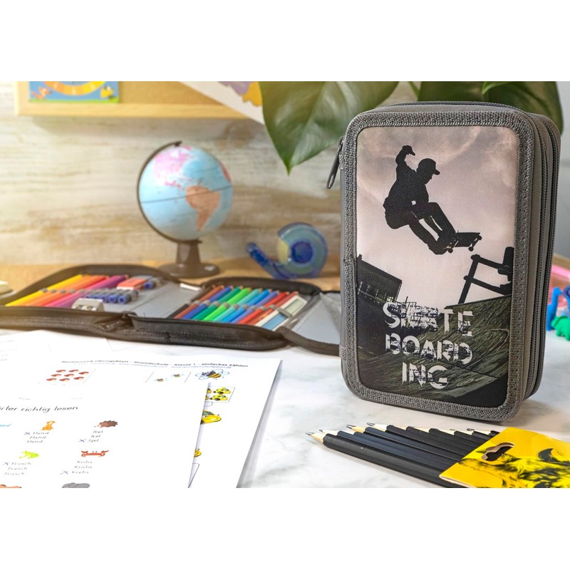 Idena 20123 Triple Pencil Case with 3 Zip Compartments Skateboard