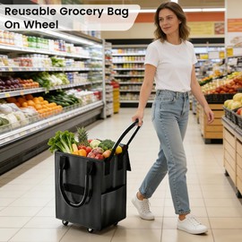 Dexmary Rolling Tote Bag on 4 Wheels, Reusable Grocery Bag with Handle and Zipper, 60L Rolling Shopping Bag, Rolling Utility Tote for Trips, Laundry, Lightweight, Folds Flat, Black