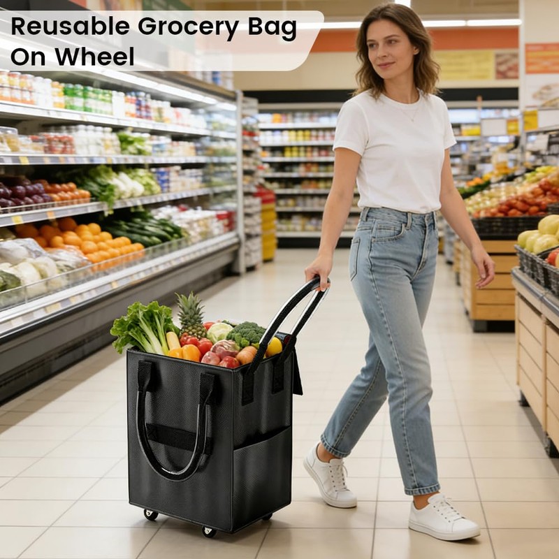 Dexmary Rolling Tote Bag on 4 Wheels, Reusable Grocery Bag