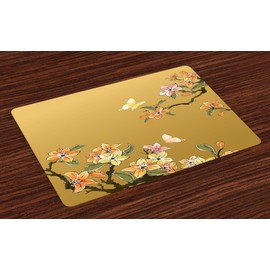 Lunarable Ethnic Place Mats Set of 4, Chinese Ink Butterfly Plum Motif Heritage Oriental Eastern IllÄ±stration, Washable Fabric Placemats for Dining Room Kitchen Table Decor, Pastel Yellow