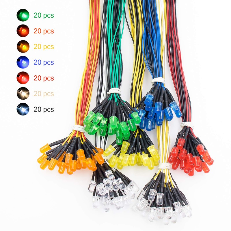 CO-RODE 140pcs Pre-wired 12V 5mm LED Light Emitting Diodes 7