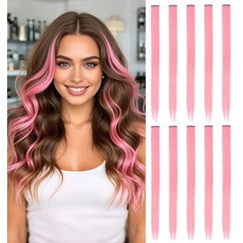 10 Pcs Colored Clip in Hair Extensions - 22 Inch Straight Synthetic Colored Hairpieces for Women Kids Girls | Party Highlights (Pink)