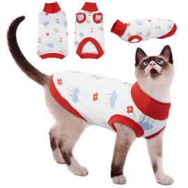 Hjyokuso Cat Jumper, Soft Cotton Breathable High Neck Sleeveless Cat Shirt for Indoor Use, Light Warmth, Multi-Kitten Identifier & Comfort (Red Print - S)