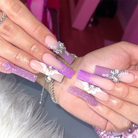 24Pcs Long Press on Nails Flower Square Fake Nails Purple Glitter French Tip Stick on Nails 3D Butterfly Acrylic False Nails Long Glue on Nails Full Cover Reusable Nails for Women and Girls