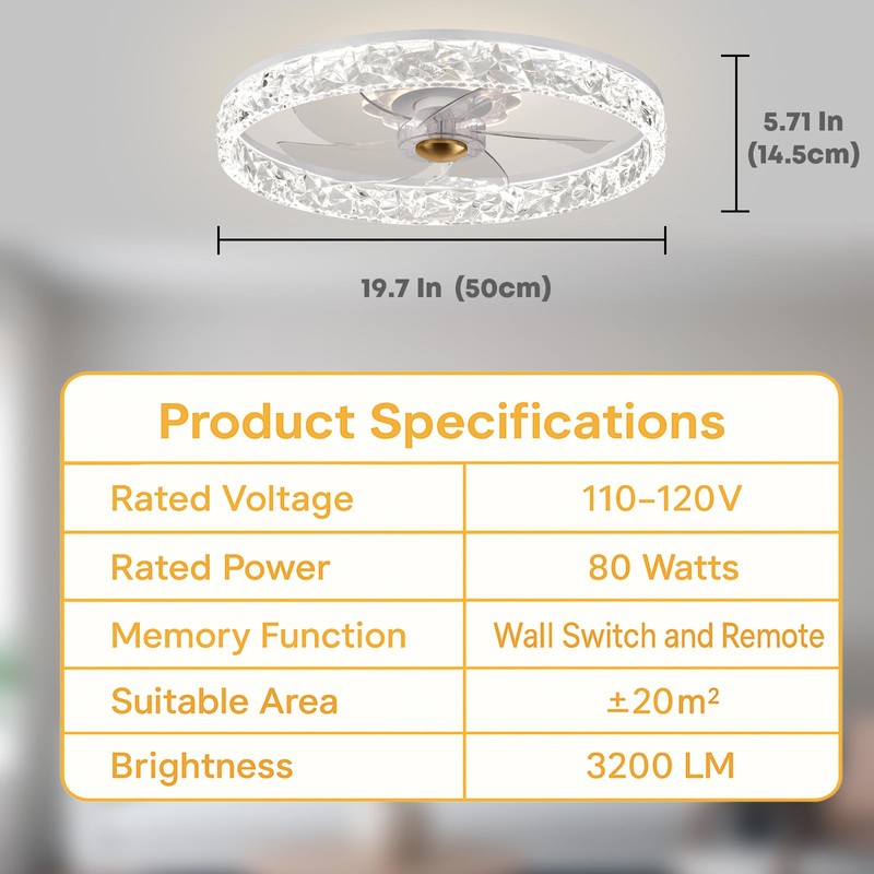 Fszdorj 20'' Ceiling Fan with Light, Upgraded Low Profile Fan,