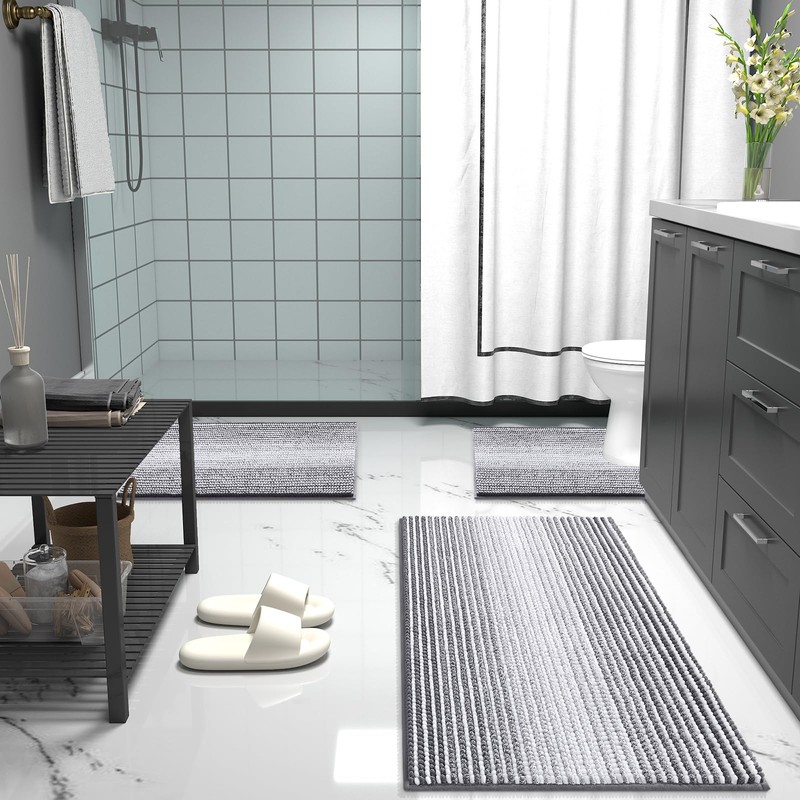 OLANLY Bathroom Rugs 30x20, Soft Chenille Striped Bath Rugs, Grey