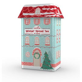 Charbrew Illustrated Christmas Painted House Winter Spiced Metal Tea Tin Caddy Gift – 80 Teabags Black Tea Winter Spice Blend