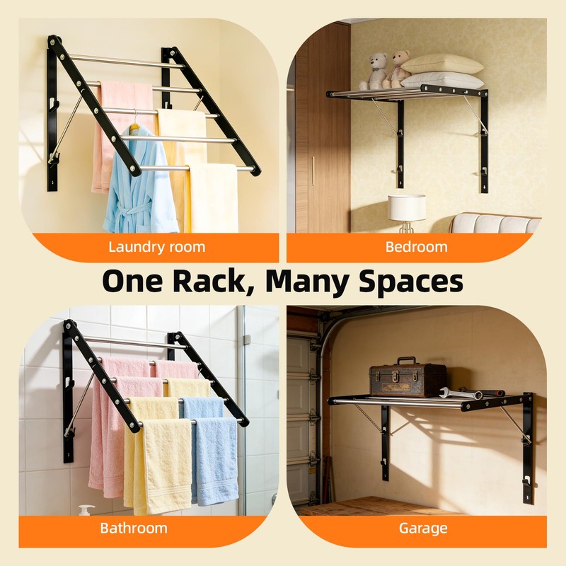 Gecauoea Wall Mounted Drying Rack, Pre-Install Adjustable Width 13-23 Inch,
