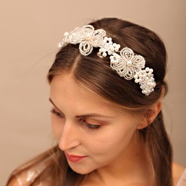 YERTTER Vintage Wedding Pearl Beads Crystal Tiara Hair Crown Handmade Bride Headband Bridal Greek Goddess Pearl Head Pieces for Wedding Prom Birthday Party (Style 2)