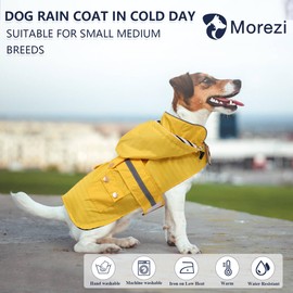 Dog raincoat puppy rain jacket with removable hood for small medium breeds reflective strap storage pockets in cold day Yellow M