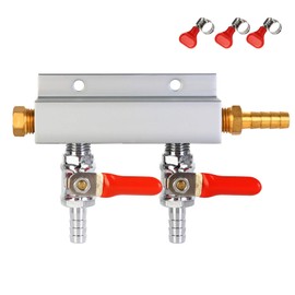 FERRODAY 2 Way Gas Manifold 5/16" Barbed Integrated Check Valves CO2 Distributor Independent Shut Off 2 Way CO2 Manifold Gas Distributor for Home Brew Beer Gas Manifold Kegerator Manifold + 3 Clamps