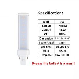 SATZOL 7W G24Q LED Bulb, Daylight White 6000K 4Pin LED PL Bulb, Replace PL-C 13W G24Q-1 4Pin Compact Fluorescent Light Bulb, Pack 2, (Remove/Bypass The Ballast)