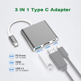 IHAO 3IN1 Multi Ports Dongle USB Type C to HDMI 4K HD/USB 3.0 Fast Data Transfer 5GBPS/ PD 100W USB C Adapter Luxury Aluminum Cover Thumderbolt 3 to HDMI 4K USB-C Digital AV Multiport Adapter