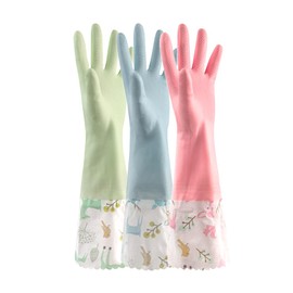 Miracic TN-RBGV Long Rubber Gloves, Set of 3, B - Open Type, Medium Size, Rubber Gloves, Long Fleece Lined, Wash, Non-slip, Warm, Winter Gloves, For Work, Thick, Bath, Dishwashing, Kitchen Cleaning,