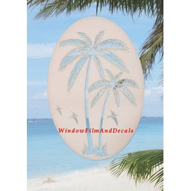 Oval Leaning Palm Trees Etched Window Decal Vinyl Glass Cling - 26" x 41" - White with Clear Design Elements