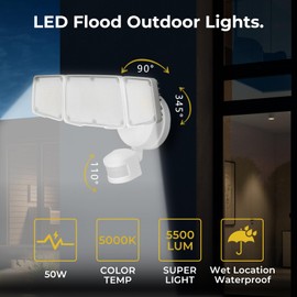 R.W.FLAME LED Flood Motion Sensor Outdoor Lights, 50W 5500LM 5000K Wet Location Waterproof,4 Lighting Modes, 4 Lighting Durations, 3 Detection Distances, for Garage, Yard, Porch, White.