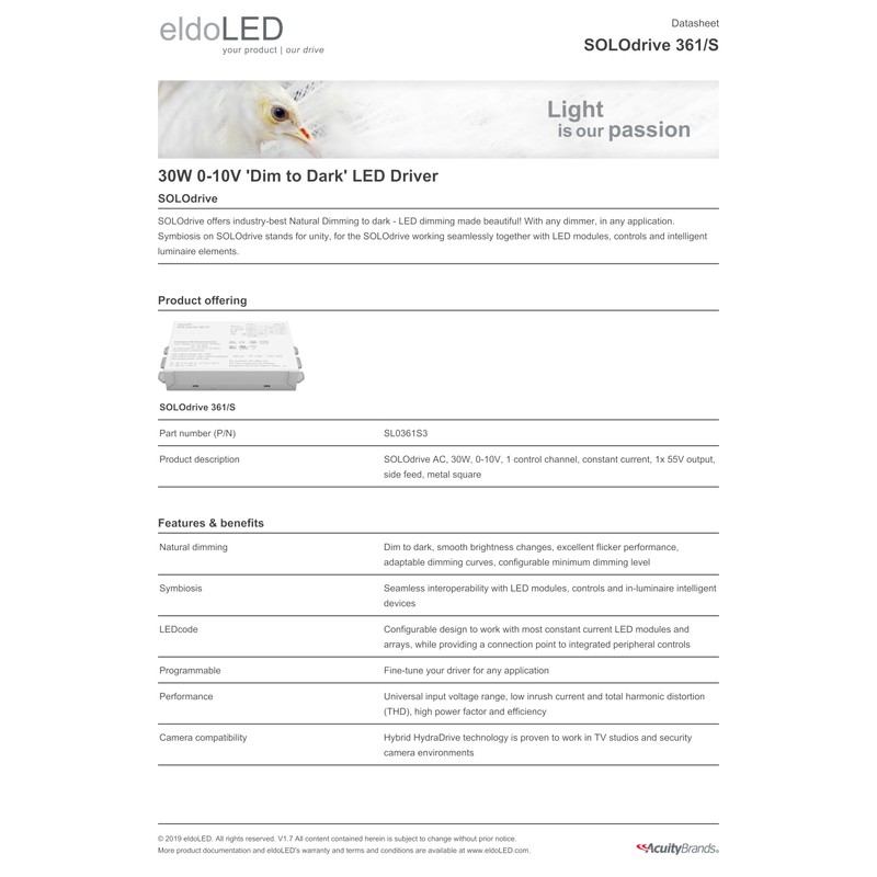 EldoLED | SOLOdrive 361/S | 30W 0-10V 'Dim to Dark'