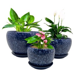 Ceramic Plant Pot Set, Modern Plant Containers with Tray and Drainage Hole - Garden Flower Planter, Desktop Office Windowsill Indoor, and Outdoor Decoration (3 in Set) Blue