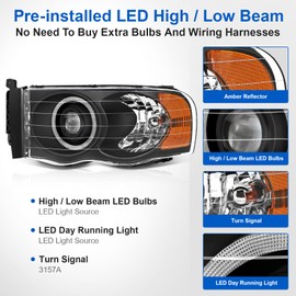 ALZIRIA 500% Brighter Headlight Assembly Fit For 2002-2005 Dodge Ram With LED DRL Projector 02-05 Ram 1500 & 03-05 Dodge Ram 2500/3500 Pickup (Black Housing Amber Reflector)