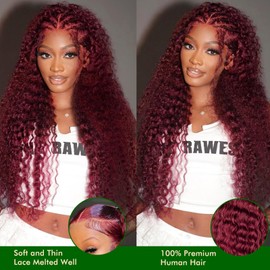 OPNGF Deep Wave Lace Front Wigs Human Hair 99j Burgundy Lace Front Wigs Human Hair Pre Plucked 13x4 HD Red Curly Wig Colored Lace Front Wigs for Women 200% Density 18 Inch