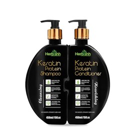 Shampoo y Acondicionador de Keratina Herbishh – Hidratante y Nutritivo para Cabello Seco y Dañado | Sin Sulfatos | Fórmula Vegetal con Aceite de Argán, Colágeno y Jojoba | Set 2 Piezas (450 ml c/u)