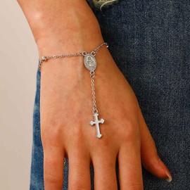 Inateannal Boho Cross Chain Bracelet Gold Coin Cross Bracelet Hand Chain Pearl Chain Bracelet Vintage Coin Cross Pendant Bracelet Rosary Cross Bead Bracelet Crucifix Hand Bracelet, Zinc