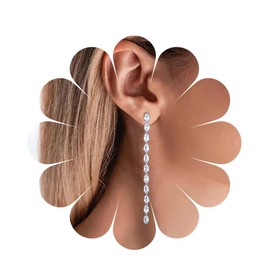 Yheakne Vintage Rhinestone Chain Drop Earrings Silver Linear Crystal Earrings Sparkle CZ Tassel Earrings Long CZ Chain Stud Earrings Thin Chandelier Earrings Jewellery for Women (Oval Crystal)