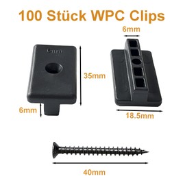 Pack of 100 WPC Clips, 6 mm Plastic Patio Clips for WPC/BPC Floorboards, Hidden Attachment with T-Clip + Screws (Black)
