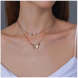 Inateannal Boho Layered Pearl Choker Necklace Gold Butterfly Pendant Necklace Pearl Necklace Vintage Butterfly Pearl Necklace Jewellery for Women and Girls