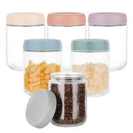 BCnmviku 16oz Glass jars with Airtight Lids, Overnight Oats Containers with Lids, Wide mouth Mason Salad jars, Glass Food Storage Containers for Snacks Yogurt Spice Sugar (6pack-Multicolor-16oz)