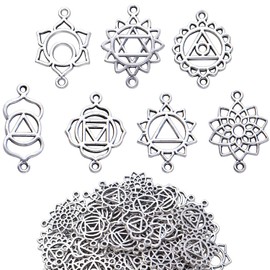 MEISO Antique Silver Chakra Energy Charms Connectors Tibetan Alloy Hollow Flower Chakra Pendants Charms Craft Supplies for DIY Bracelet Necklace Earring Jewelry,Jewelry Making,Pendant Fitting(70pcs)