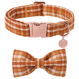 UP URARA PUP Fall Plaid Dog Collar and Bow Tie Set – Brown Orange Checkered Adjustable Collar with Maple Leaf Charm for Small Medium Large Dogs, Soft Cotton Puppy Collar with Quick Release Buckle