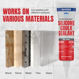 GH1200 150 ML/5 FL Oz Silicone Caulk Clear Silicone Sealant Waterproof, Kitchen & Bathroom Caulk - Shrink & Crack Proof - Indoor & Outdoor Use Silicone Glue - Strong Caulking Formula Tube