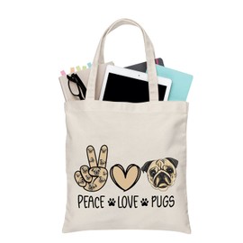 PLITI Pug Tote Bag For Pug Dog Lover Gift Pug Mom Gift Crazy Pug Lady Gift Pug Dog Owner Gift Peace Love Pugs Travel Pouch (Peace love pugs TGU)