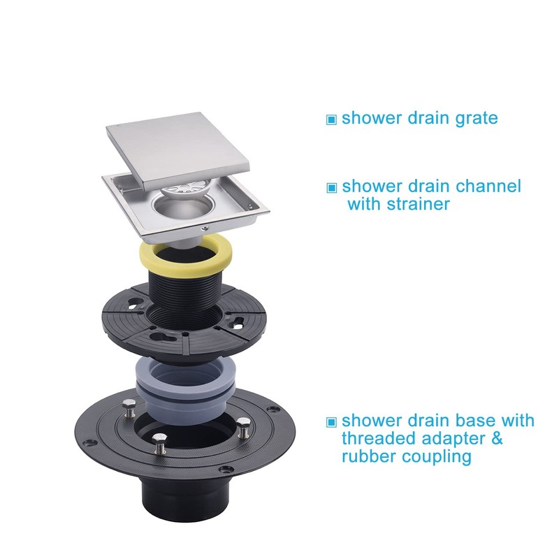 SISEHO Brushed Nickel Shower Drain 4 Inch Square for Bathroom