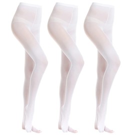 MANZI Big Girls 3 Pairs Pack Solid Color Comfortable Convertible Ballet Tights, 7Y-10Y, White