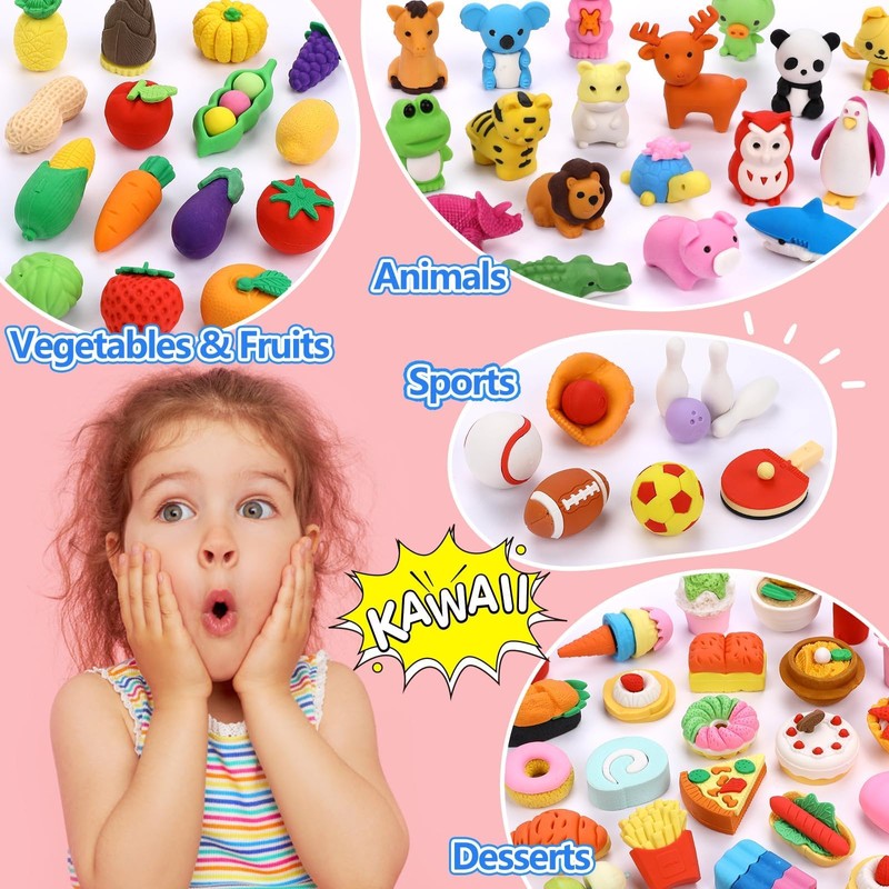 HINZER 100 Pack Animal Erasers for Kids Bulk Pull Apart