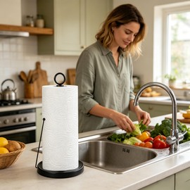 GOWODOOO Countertop Paper Towel Holder for Kitchen–Weighted Base with Non-Slip Pads,One-Handed Tear,Smart Spring Rod Fits mega Rolls,Black Carbon Steel Suitable for Bathroom,Laundry Room