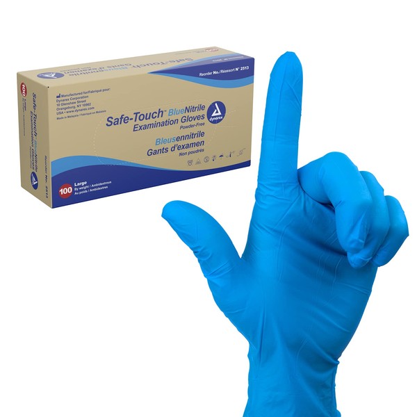 Dynarex Safe-Touch Disposable Nitrile Exam Gloves, Powder-Free, Latex-Free, Touchscreen Friendly & Used by Professionals, Blue, Large, 1 Box of 100 Safe-Touch Disposable Nitrile Exam Gloves
